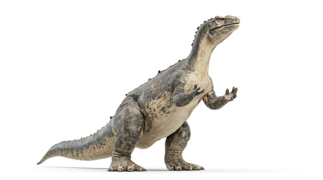 Iguanodon dinosaur standing upright in realistic prehistoric pose, herbivore isolated on white background with copy space for educational use
