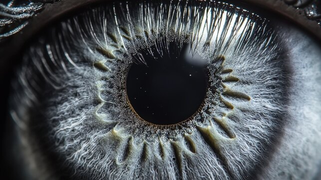 Iris pattern variation extreme macro blue gray human eye lacunae contraction rings pigment variations corneal surface details natural light reflections eyelashes