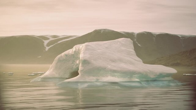 Solitary iceberg arch in golden light, glassy water and soft horizon, warm tones highlight textured ice and slow melting, cinematic serenity.