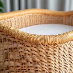 Obraz premium Textured close-up of a woven rattan bassinet, showcasing natural craftsmanship, soft white mattress and cozy nursery appeal., Wicker, Baby