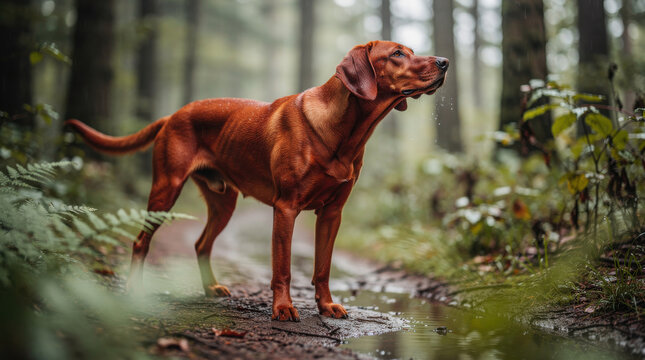 Redbone Coonhound Low Angle Forest Wildlife Telephoto Shot Natural Frame Copy Space