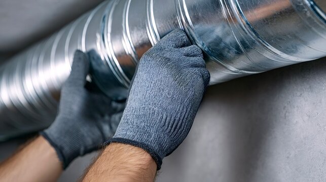 Worker hands installing ventilation ductwork for hvac systems