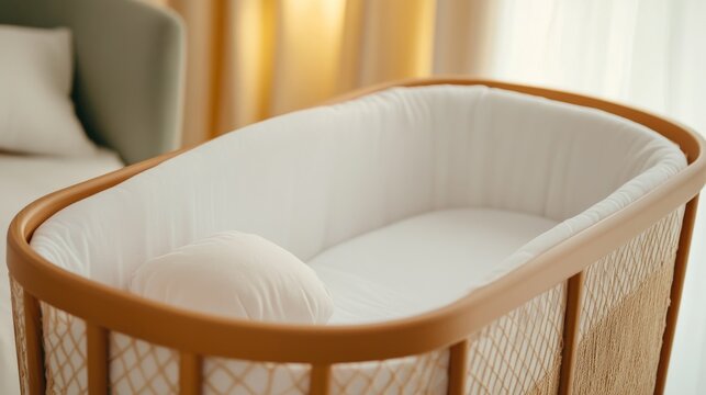 Warm, soft-focus shot of an empty wooden bassinet with crisp white bedding and pillow, highlighting infant comfort and peaceful sleep. Nursery preparation, cozy. Baby crib, Parenthood