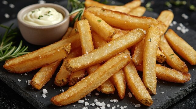 Premium duck fat fries with sea salt and rosemary served on black slate with creamy aioli dip - gourmet restaurant style french fries presentation