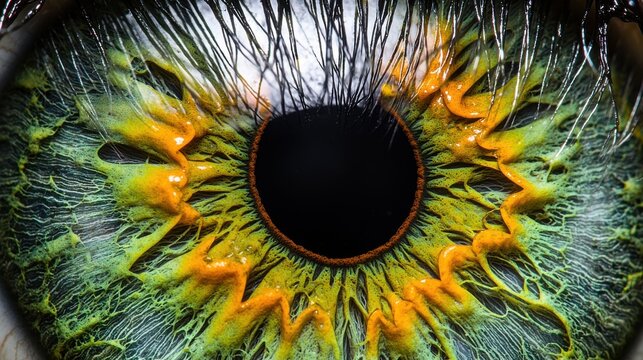 Iris fiber patterns green orange intricate lacuna formations radial furrows emerald amber pigmentation distinctive arrangements moisture