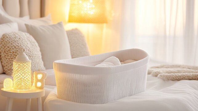 Warmly lit, all-white bedroom with a cozy bassinet nestled on soft bedding, creating a serene and inviting space for a newborn. Peaceful, nursery