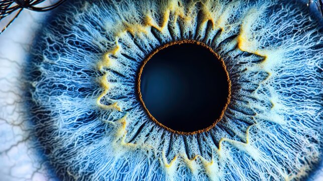 Iris pattern variation macro blue human eye crypts furrows pigmentation collarette structure pupil detailed surface texture individual characteristics close-up
