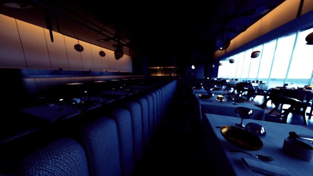 Afterhours corridor with ambient glow, upholstered booths on either side, low warm illumination, quiet mood suggesting staff closing routine or private event
