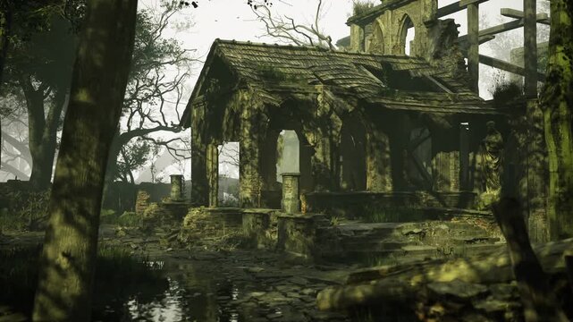 Mosscovered stone chapel beside pond, overgrown courtyard with weathered pediment and columns, still water reflecting broken stone, soft filtered light