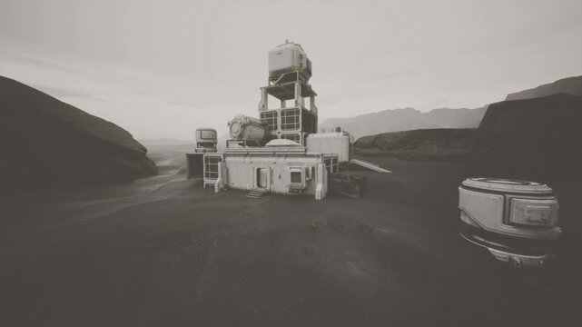 Communication relay tower beside command node, antenna arrays and transmitter modules dominate monochrome landscape, maintenance container and rugged path