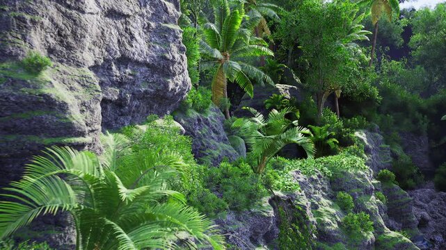 Shaded understory with lush ferns spilling over craggy rock filtered emerald light, damp mossy surfaces, creeping vines and young saplings create intimate, cool