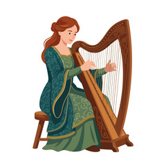 Obraz premium A graceful woman playing the harp while dressed in an elegant green costume, capturing the essence of music artistry and historical culture in a timeless setting.