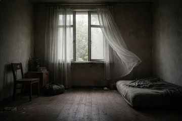 Abandoned room with open window and curtains moving in wind © stryjek
