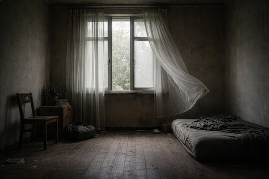 Abandoned room with open window and curtains moving in wind