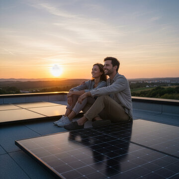Happy couple relaxing on solar roof at sunset eco friendly livingcouple, solar roof, happiness, lifestyle, renewable energy, eco living, green energy, sunset light, sustainability, love, clean energy,