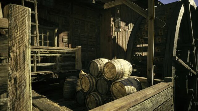 Dim warehouse interior with stacked barrels, wooden beams and ladder casting deep shadows, dust motes catching thin light, aged oak casks suggesting long