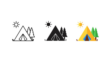 A cozy camping tent stands amidst pine trees under a shining sun, showcased in three versatile icon styles. © Nuyab Stock