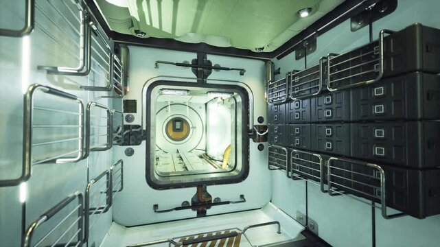 Space station cargo corridor with overhead rail and storage racks, industrial green lighting, automated hoist tracks visible, packed payload bays, orderly