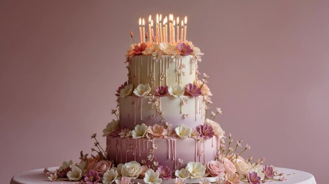 Ornate tiered wedding cake with candles, cream and blush layers with drip icing and abundant roses, placed on banquet table