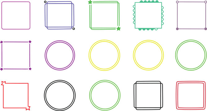 Set of diverse hand-drawn borders including squares and circles with unique decorative accents and colors.