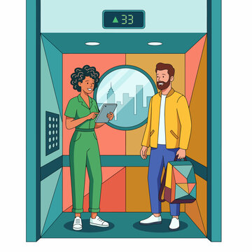 A friendly encounter in an elevator showcases diverse individuals engaging in conversation while using technology, reflecting modern workplace dynamics and connectivity.