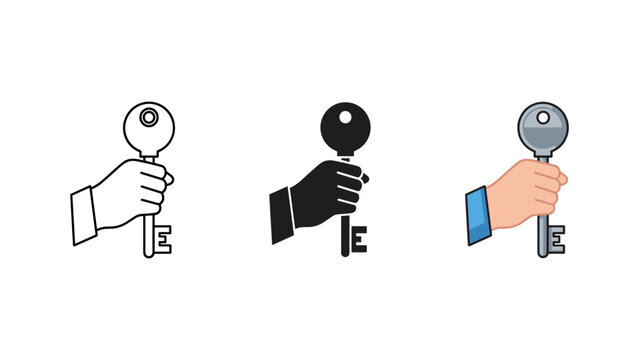A hand firmly grasps an old-fashioned key, symbolizing access and solution, presented in three compelling icon styles.
