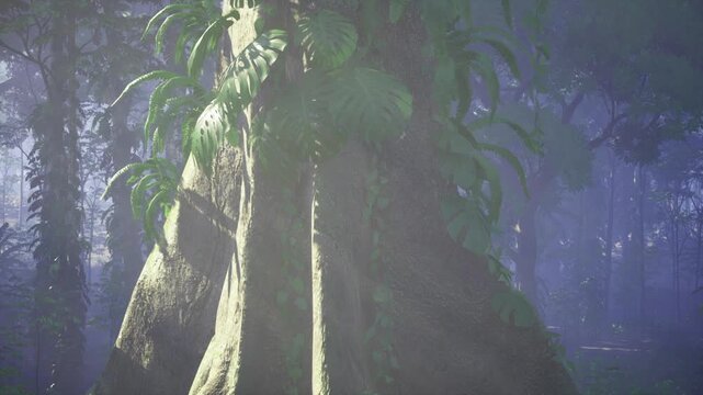 Morning glow highlights massive tree and verdant undergrowth in Papua New Guinea. Gentle morning light caresses textured bark and lush ferns at forest base