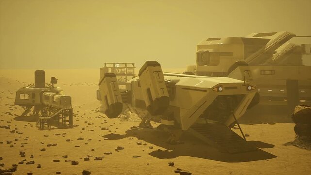 Rover surveys expansive Martian landscape. Exploration rover methodically examines broad Martian surface with communication towers and data collection devices