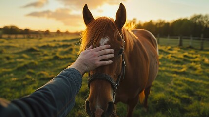 Obraz premium Close up of a person petting a brown horse in a lush green field during a beautiful sunset