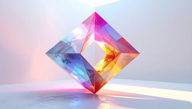 Vibrant geometric crystal structure exhibiting light refraction and spectrum, abstract representation of quantum superposition.