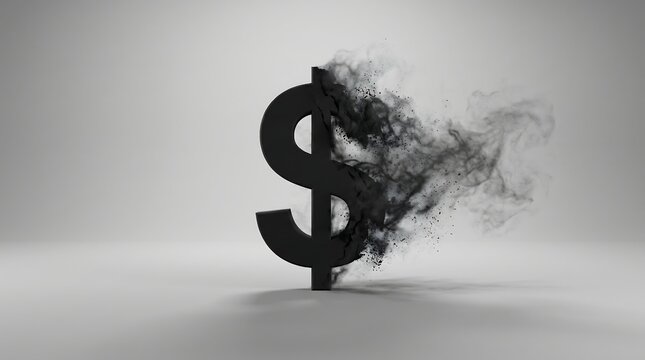 Large black dollar sign symbol disintegrating with smoke and debris