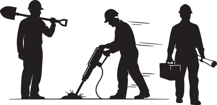 Construction workers, laborers, silhouettes, icons, workers with tools, building industry