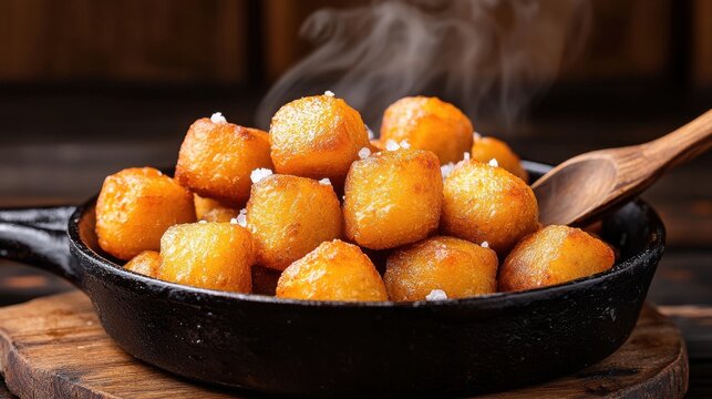 Chicharron crunchy golden pork rinds premium restaurant style served in black cast iron skillet with coarse sea salt and wooden spoon