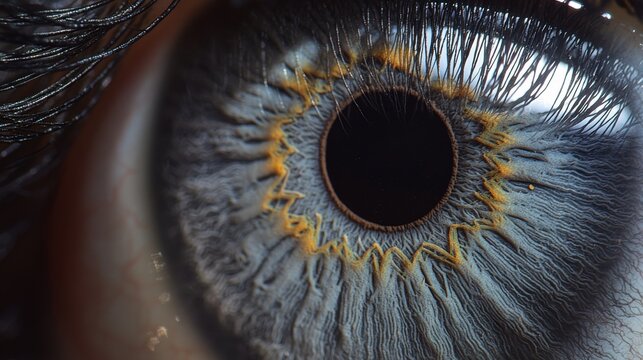 Iris color purity macro closeup blue gray iris showing pure tones radial muscle patterns eyelash texture golden amber variations detailed structure
