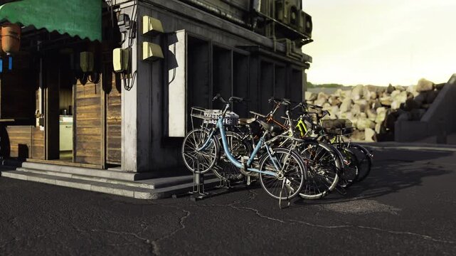Group of vintage bicycles resting against cobblestone bistro doorway, sepia mood and leather saddles, retro frames and antique chain details, local riders