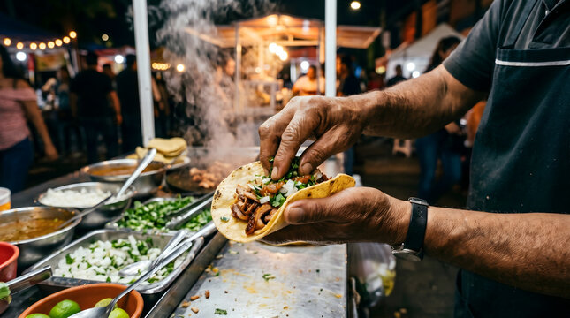 Street Food Vendor Hands Rolling Taco Corn Tortilla Folded Palm Meat Filling Steam Rising Ambient Cart Light Tight Editorial Crop Motion Editorial Street Food Photography