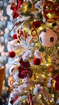 Frosted Christmas tree decorated with red velvet ball ornaments. Vertical shot of a snow-covered Christmas tree with red velvet balls, birch-patterned ornaments, and bagels.