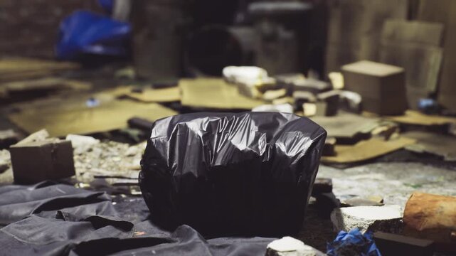 In a dimly lit alley, scattered debris and black garbage bags tell a story of abandonment. Cardboard boxes and remnants of trash create a scene that captures urban decay.