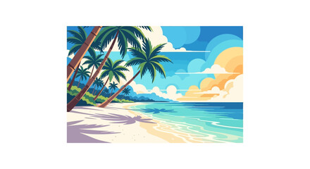 Obraz premium Vibrant beach illustration featuring palm trees casting shadows on the sandy shore, with turquoise water meeting the coast under a partly cloudy sky, rendered in a vector art style