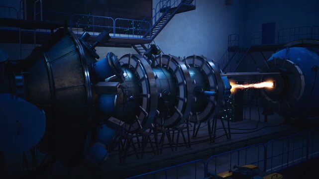 Futuristic clean propulsion demo afterburner glow, lowemission tuning, hybrid turbine casing, illuminated diagnostics, efficiency testing vibe, sustainable tech