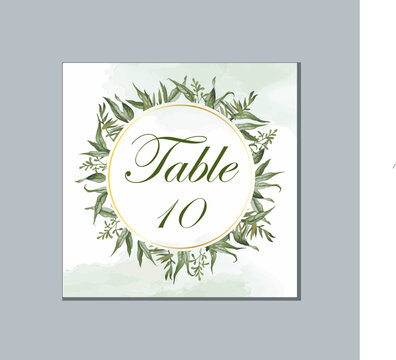  Greenery Wedding Table Number Card with Floral Wreath Design, Vector template
