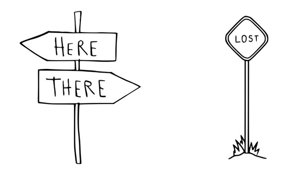Hand drawn road signs labeled with here there and lost
