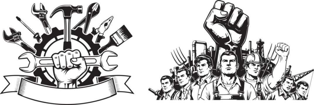 Industrial strength and teamwork themed graphic featuring stylized worker silhouettes and various construction tool equipment elements