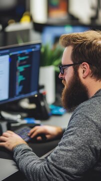 Bearded man codes intently at computer
