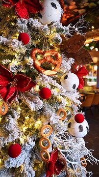 Close-up of pretzels and birch ornaments on Christmas tree. Detailed shot of edible pretzels and white birch-texture balls hanging on snow-covered pine branches.
