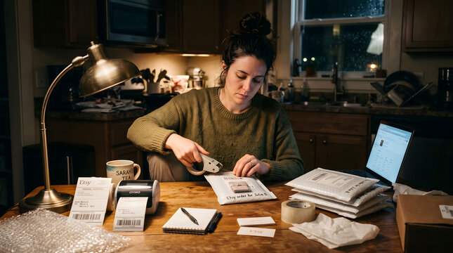 Woman Kitchen Table Night Packing Orders Bubble Mailers Shipping Labels Printed Tea Mug Warm Lamp Light Tired Focused Expression Editorial Side Hustle Documentary Photography