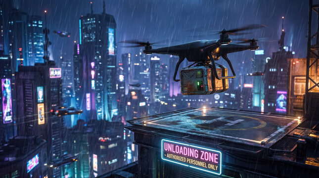 Autonomous cargo drone landing on rooftop pad in rainy neon future city