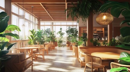 Fototapeta premium Sunny cafe, lush greenery, wooden furniture, tranquil ambiance