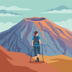 A determined hiker stands near a majestic volcano, appreciating the breathtaking landscape, symbolizing adventure, exploration, and the beauty of nature's raw power. © Yangyang