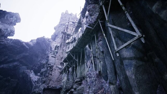 Close up mossy wall triangular supports, textured concrete and timber beams with rusted brackets, damp surface with algae and lichen, dripping moisture